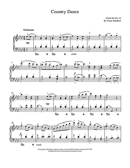 Preview Franz Schubert Country Dance Classical sheet music, notes and chords for Piano, SKU: 17238 sheet music, piano notes, chords, guitar tabs, score, transpose, transcribe, how to play, guide, download, learn, tutorial, progression, song, artist, awards, billboard, mtv, vh1, tour, single, album, release