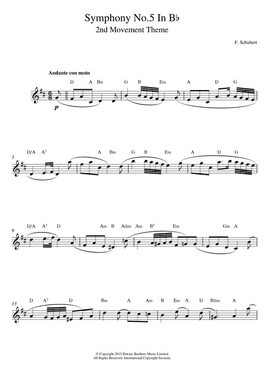 Download Franz Schubert Symphony No.5 in B Flat Major - 2nd Movement: Andante con moto sheet music and printable PDF score & Classical music notes