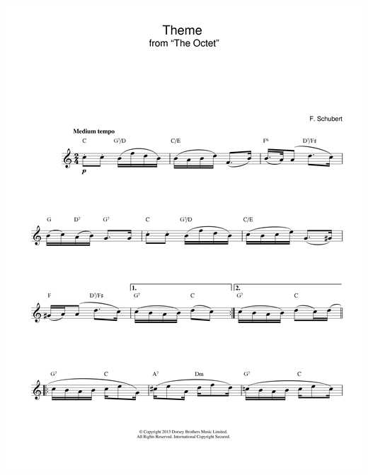 Preview Franz Schubert Theme From The Octet Classical sheet music, notes and chords for Melody Line & Chords, SKU: 14162 sheet music, piano notes, chords, guitar tabs, score, transpose, transcribe, how to play, guide, download, learn, tutorial, progression, song, artist, awards, billboard, mtv, vh1, tour, single, album, release