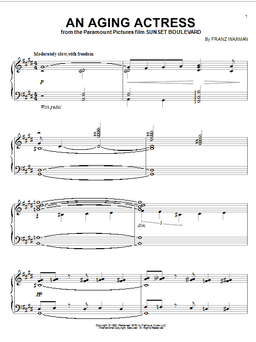 Preview Franz Waxman An Aging Actress Film and TV sheet music, notes and chords for Piano, SKU: 58711 sheet music, piano notes, chords, guitar tabs, score, transpose, transcribe, how to play, guide, download, learn, tutorial, progression, song, artist, awards, billboard, mtv, vh1, tour, single, album, release