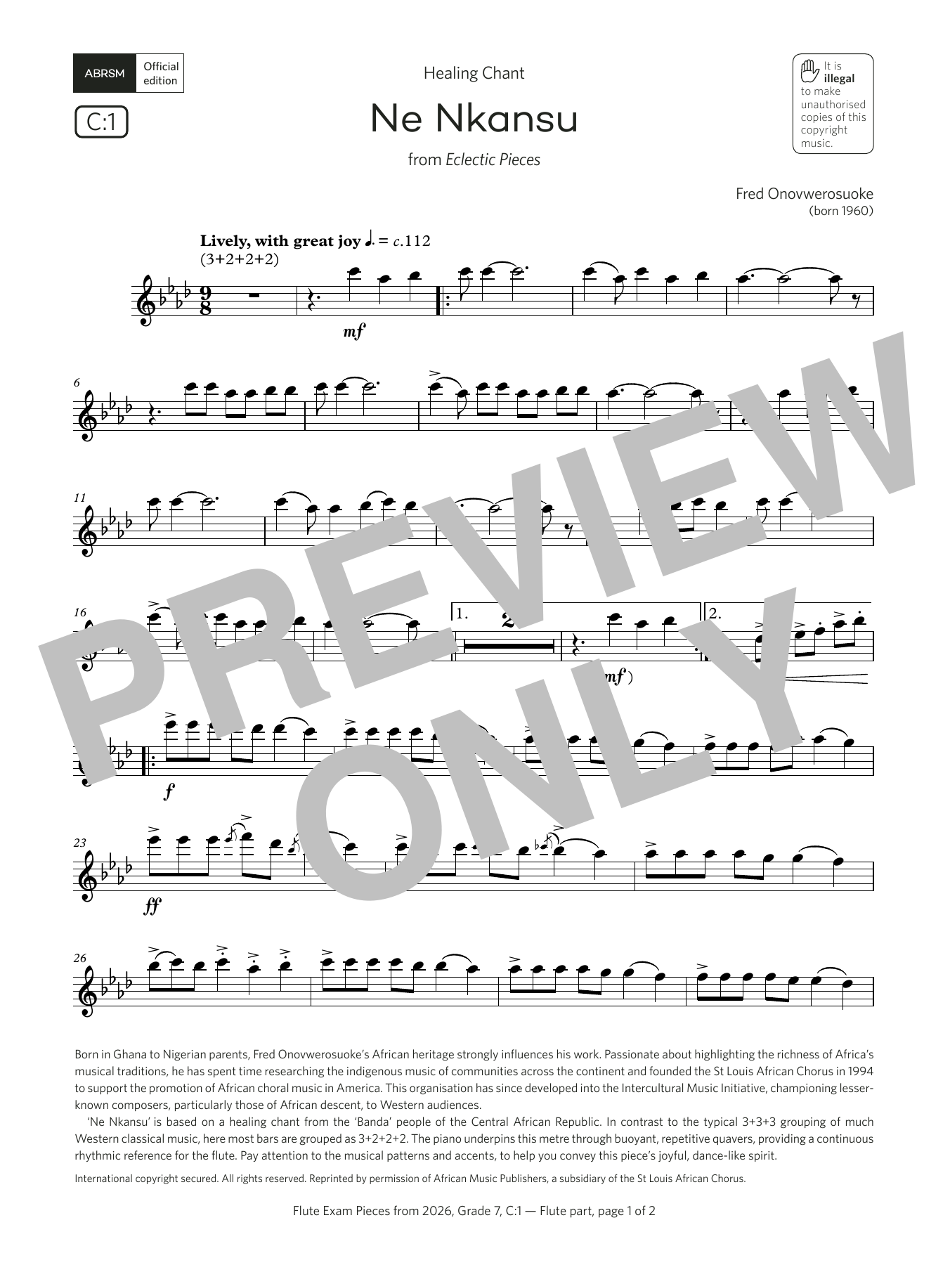Fred Onovwerosuoke Ne Nkansu (Grade 7, list C1, from the ABRSM Flute Syllabus from 2026) Sheet Music & Chords for Flute Solo - Download or Print PDF