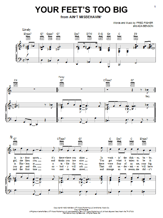 Preview Fred Fisher Your Feet's Too Big Broadway sheet music, notes and chords for Piano, Vocal & Guitar (Right-Hand Melody), SKU: 69873 Download Fred Fisher Your Feet's Too Big sheet music and printable PDF score & Broadway music notes