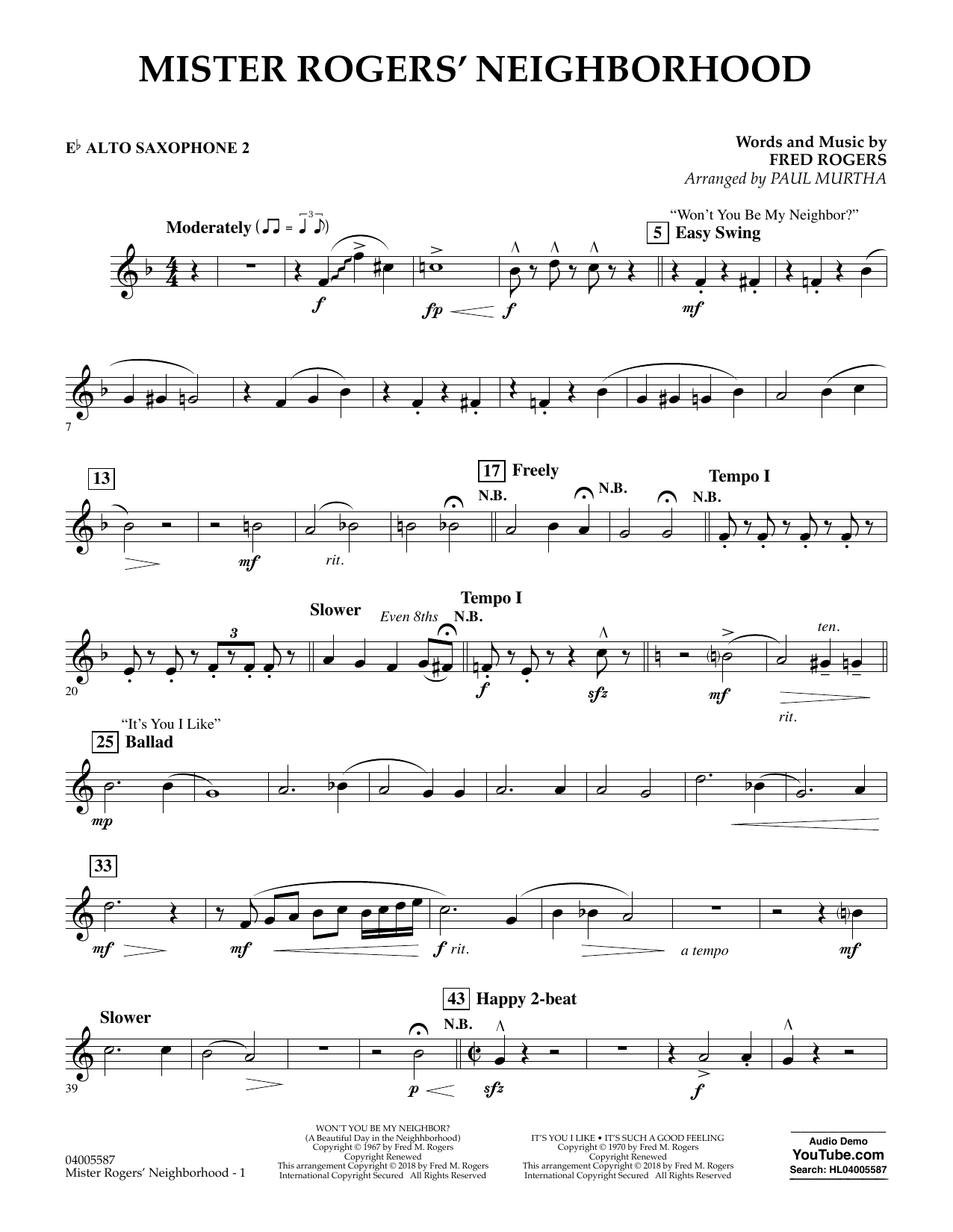 Fred Rogers Mister Rogers Neighborhood Arr Paul Murtha Eb Alto Saxophone 2 Sheet Music Download Printable Children Pdf Concert Band Score Sku 403397