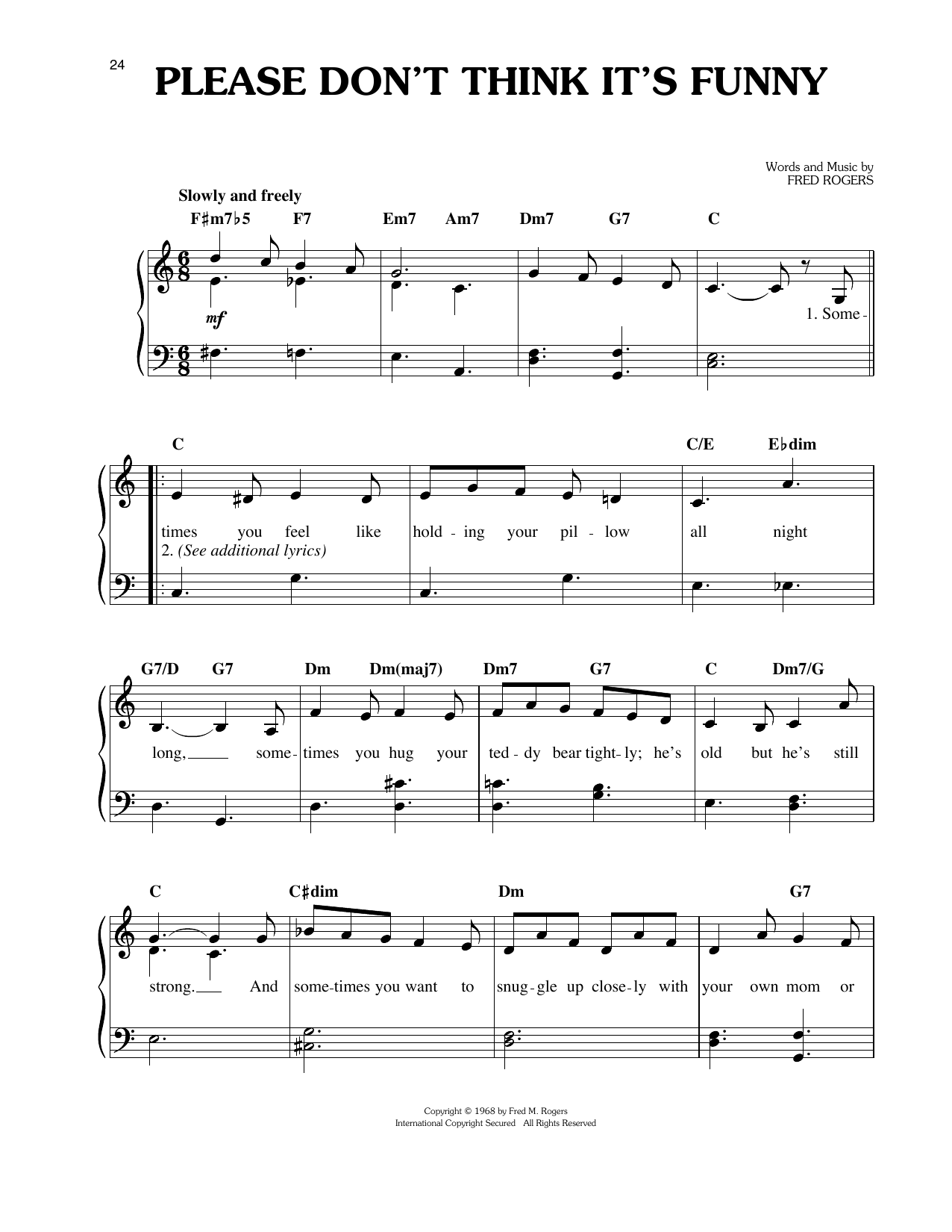 Preview Fred Rogers Please Don't Think It's Funny Children sheet music, notes and chords for Easy Piano, SKU: 251969 sheet music, piano notes, chords, guitar tabs, score, transpose, transcribe, how to play, guide, download, learn, tutorial, progression, song, artist, awards, billboard, mtv, vh1, tour, single, album, release
