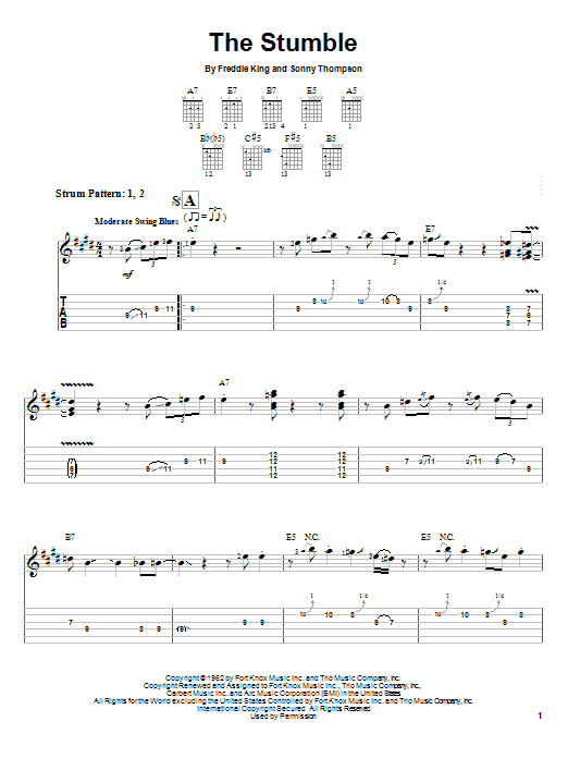 Preview Freddie King The Stumble Pop sheet music, notes and chords for Guitar Tab Play-Along, SKU: 63099 sheet music, piano notes, chords, guitar tabs, score, transpose, transcribe, how to play, guide, download, learn, tutorial, progression, song, artist, awards, billboard, mtv, vh1, tour, single, album, release
