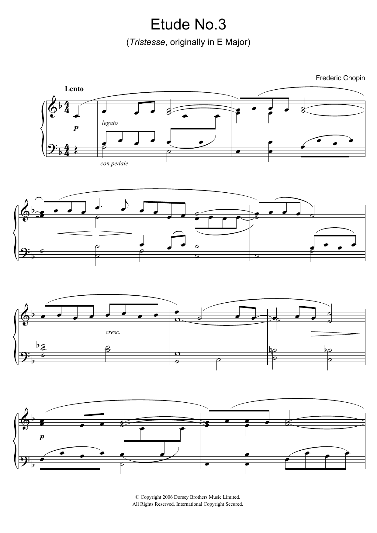 Frederic Chopin Etude in F Major, Op.10, No.3 (Tristesse) (originally E Major) Sheet Music & Chords for Easy Piano - Download or Print PDF