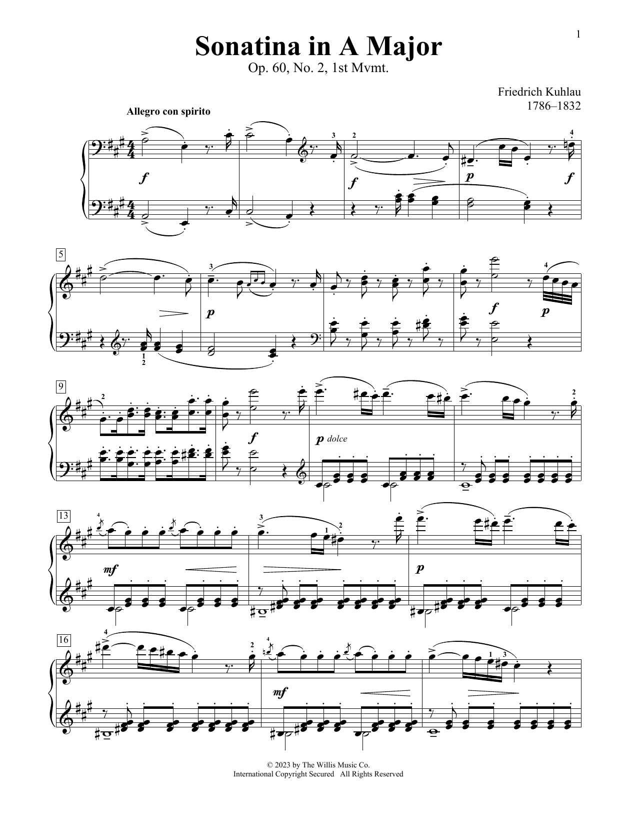 Frederic Kuhlau Sonatina In A Major, Op. 60, No. 2, 1st Mvmt Sheet Music & Chords for Educational Piano - Download or Print PDF