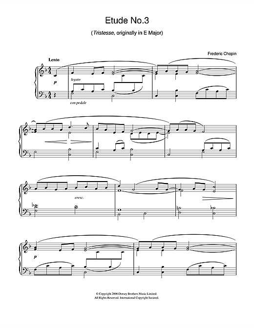 Download Frederic Chopin Etude in F Major, Op.10, No.3 (Tristesse) (originally E Major) sheet music and printable PDF score & Classical music notes