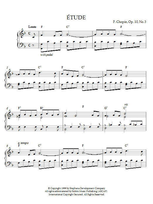 Preview Frederic Chopin Etude In F Major, Op. 10, No. 3 (originally E Major) Classical sheet music, notes and chords for Piano, SKU: 21543 Download Frederic Chopin Etude In F Major, Op. 10, No. 3 (originally E Major) sheet music and printable PDF score & Classical music notes