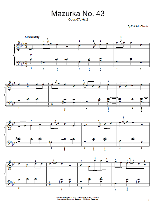 Preview Frederic Chopin Mazurka Op. 67, No. 2 Classical sheet music, notes and chords for Easy Piano, SKU: 75726 Download Frederic Chopin Mazurka Op. 67, No. 2 sheet music and printable PDF score & Classical music notes