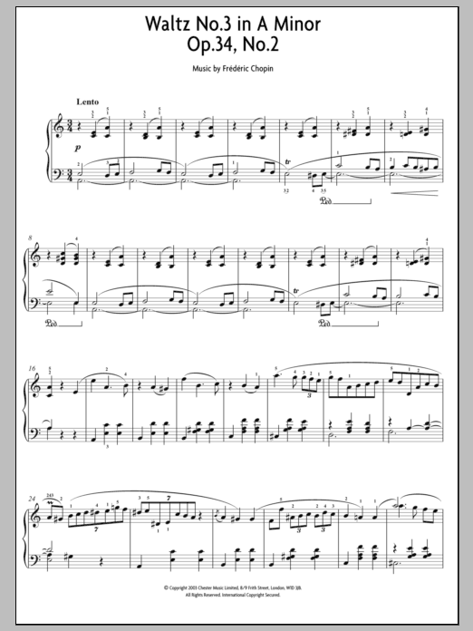 Download Frederic Chopin Waltz No.3 In A Minor, Op.34, No.2 sheet music and printable PDF score & Classical music notes