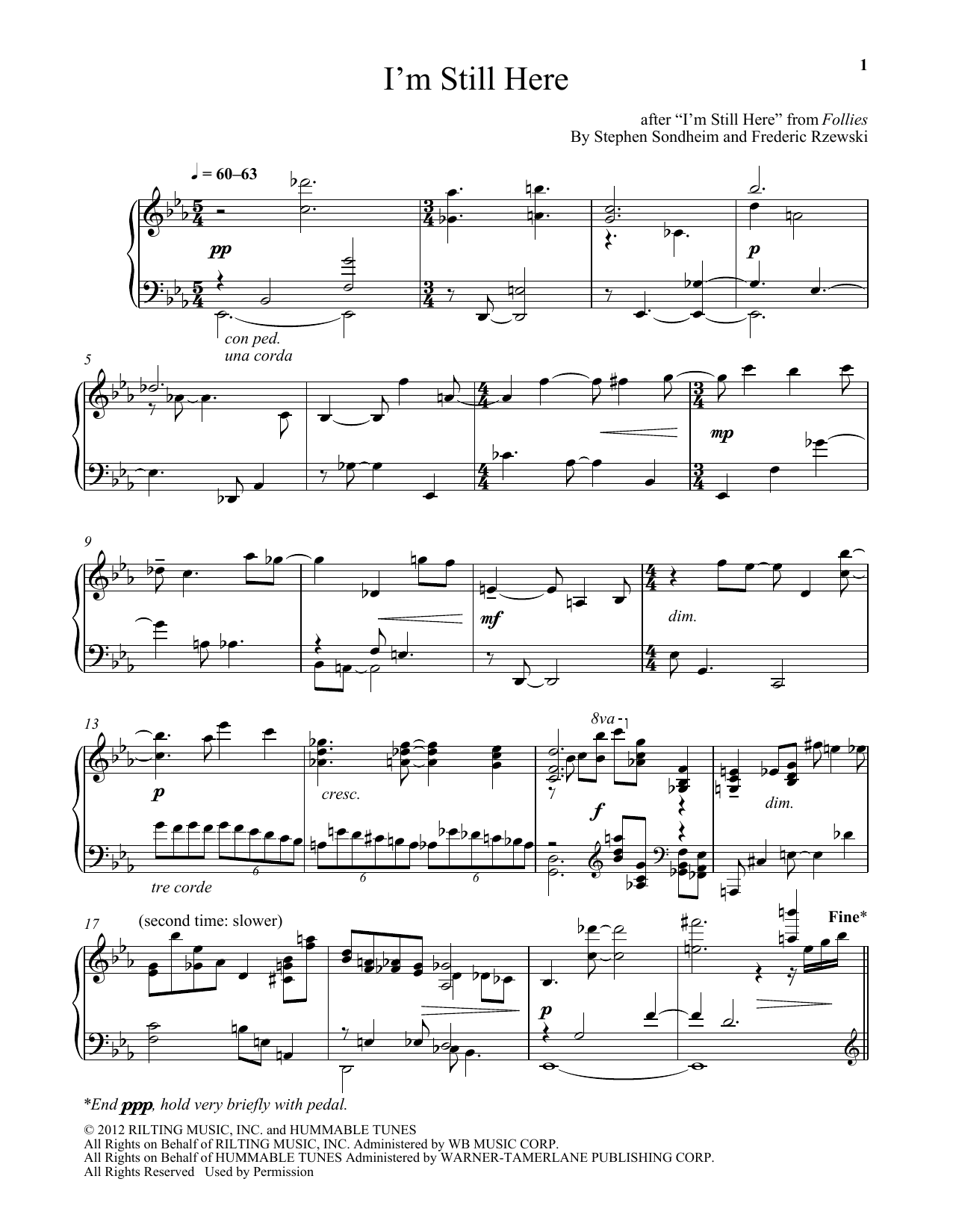 Preview Frederic Rzewski I'm Still Here Broadway sheet music, notes and chords for Piano, SKU: 179223 Download Frederic Rzewski I'm Still Here sheet music and printable PDF score & Broadway music notes