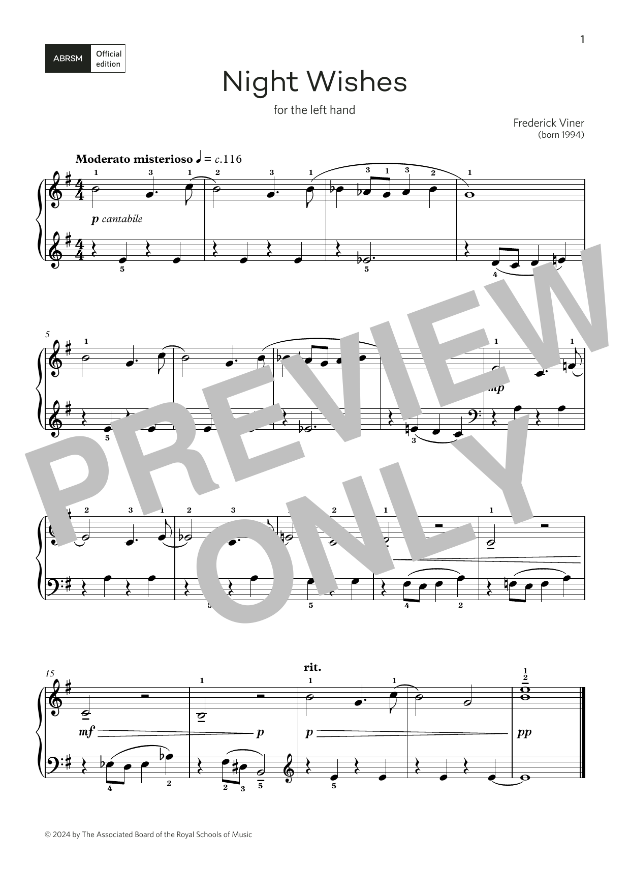 Frederick Viner Night Wishes: for left or right hand (Grade 1, list B, from the ABRSM Piano Syllabus 2025 & 2026) Sheet Music & Chords for Piano Solo - Download or Print PDF
