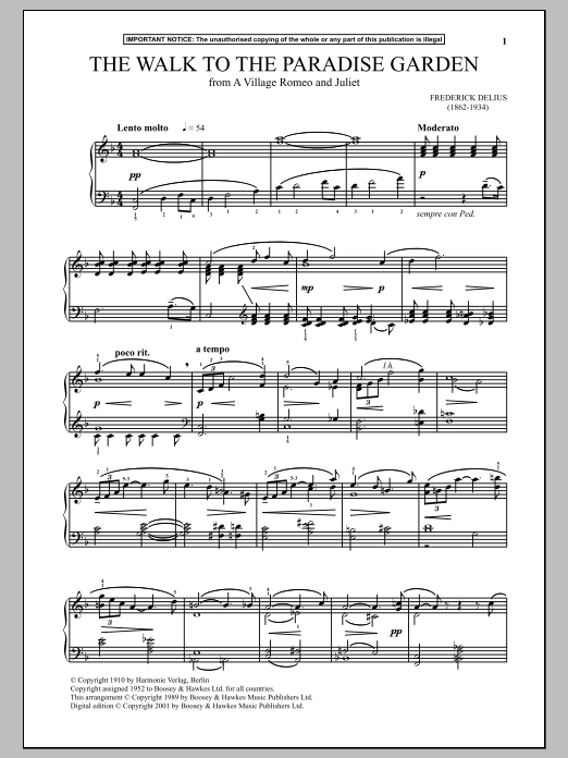 Preview Frederick Delius A Village Romeo And Juliet, The Walk To The Paradise Garden Classical sheet music, notes and chords for Piano, SKU: 89499 sheet music, piano notes, chords, guitar tabs, score, transpose, transcribe, how to play, guide, download, learn, tutorial, progression, song, artist, awards, billboard, mtv, vh1, tour, single, album, release
