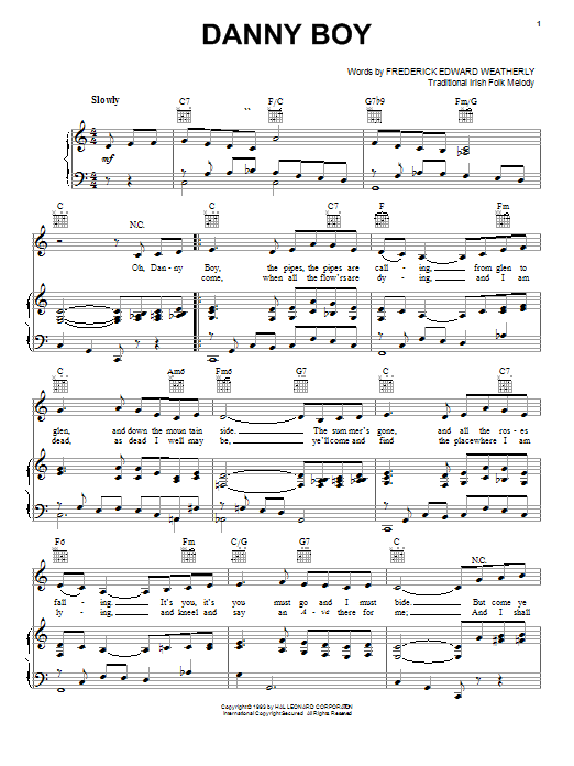 Download Frederick Edward Weatherly Danny Boy sheet music and printable PDF score & World music notes