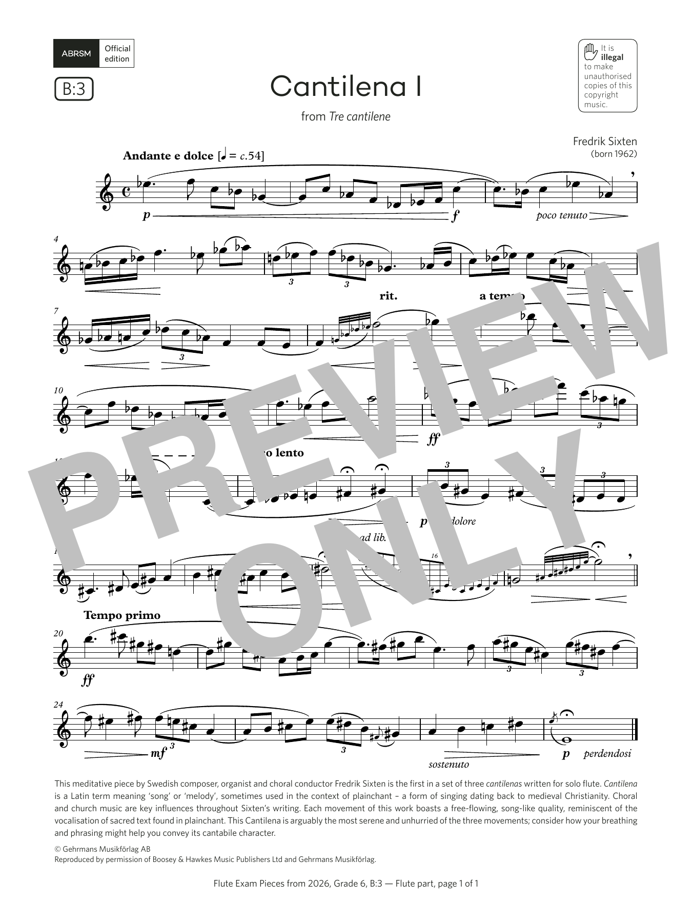 Fredrik Sixten Cantilena I (Grade 6, list B3, from the ABRSM Flute Syllabus from 2026) Sheet Music & Chords for Flute Solo - Download or Print PDF