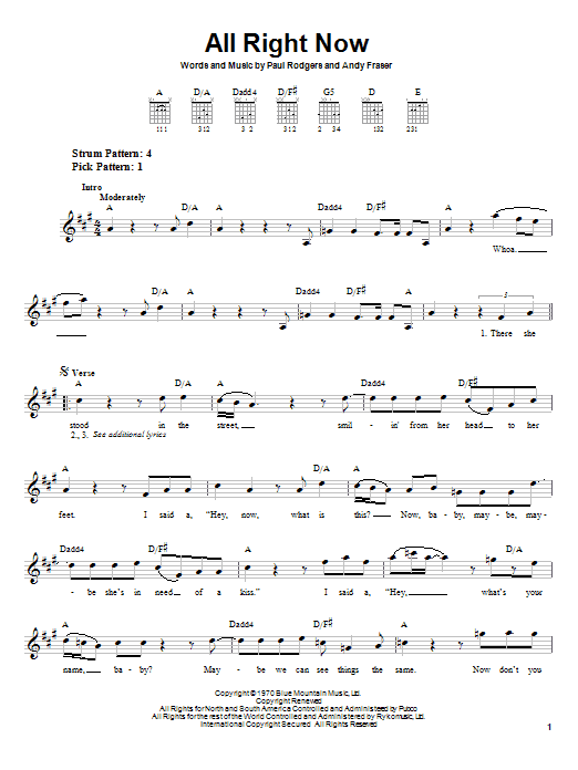 Download Free All Right Now sheet music and printable PDF score & Rock music notes