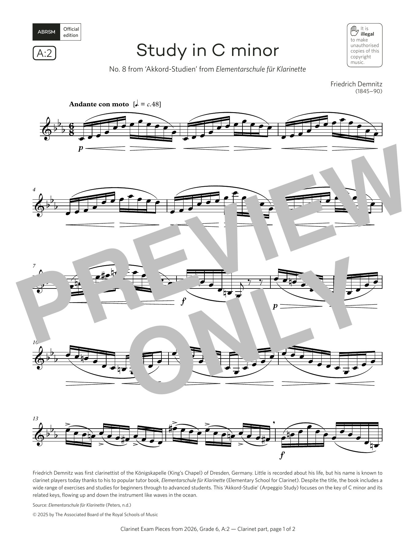 Friedrich Demnitz Study in C minor (Grade 6, list A2, from the ABRSM Clarinet Syllabus from 2026) Sheet Music & Chords for Clarinet Solo - Download or Print PDF