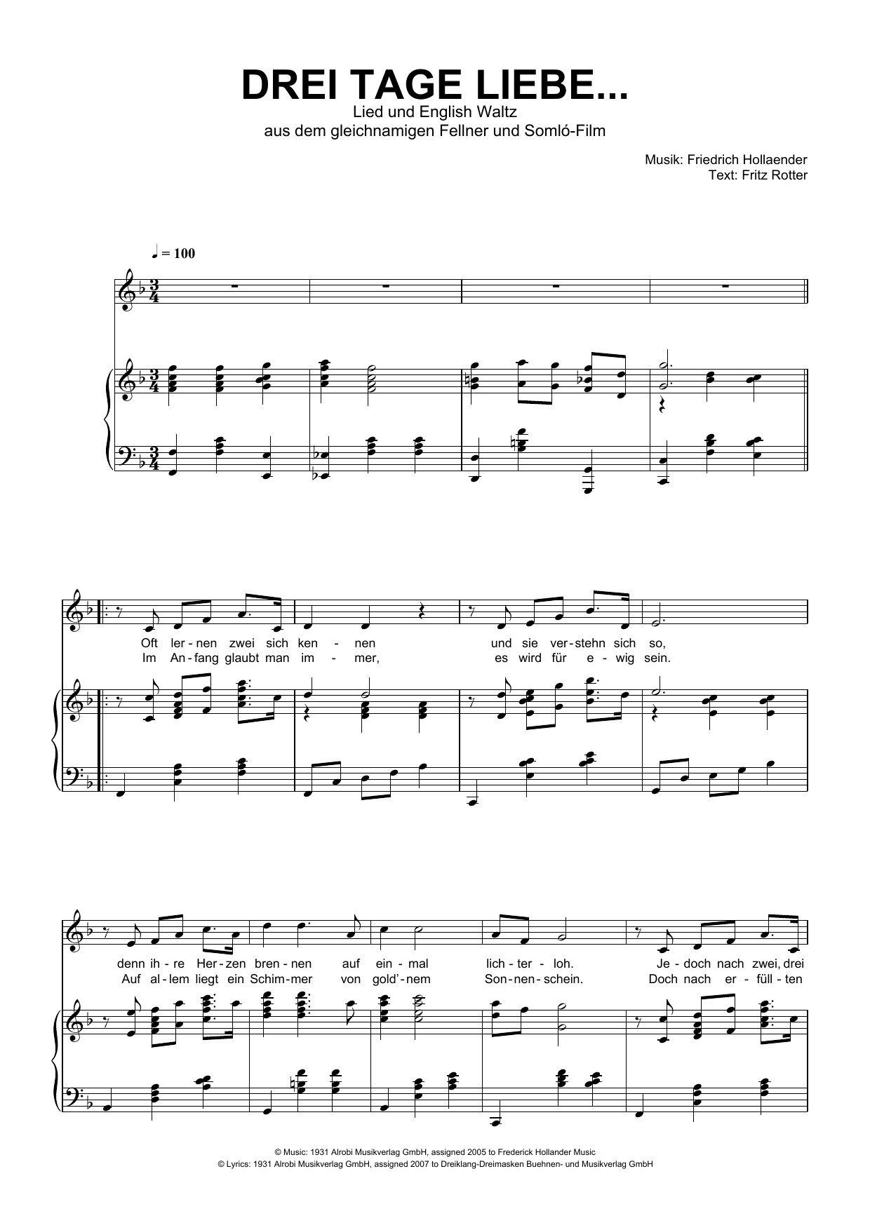 Friedrich Hollaender Drei Tage Liebe Sheet Music & Chords for Piano & Vocal - Download or Print PDF
