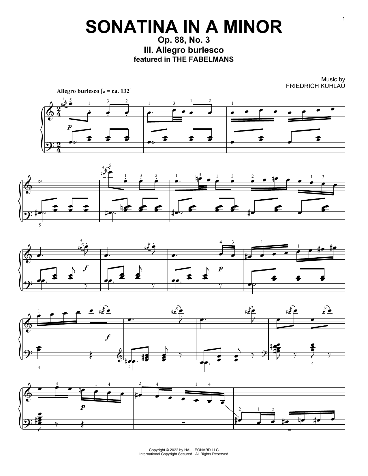 Friedrich Kuhlau Allegro Burlesco, Sonatina In A Minor, Op. 88, No. 3 Sheet Music & Chords for Piano Solo - Download or Print PDF