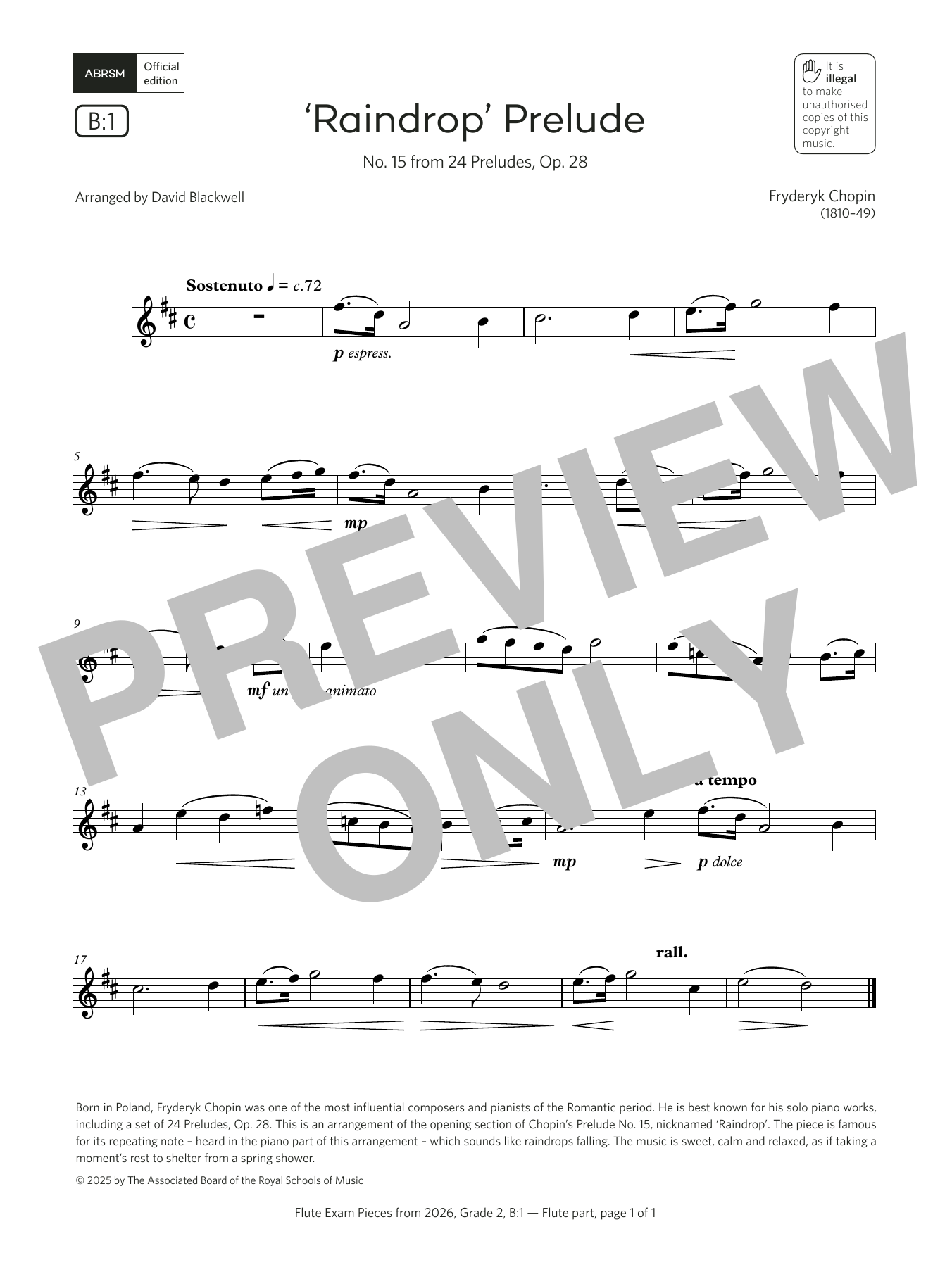 Fryderyk Chopin 'Raindrop' Prelude (Grade 2, list B1, from the ABRSM Flute Syllabus from 2026) Sheet Music & Chords for Flute Solo - Download or Print PDF