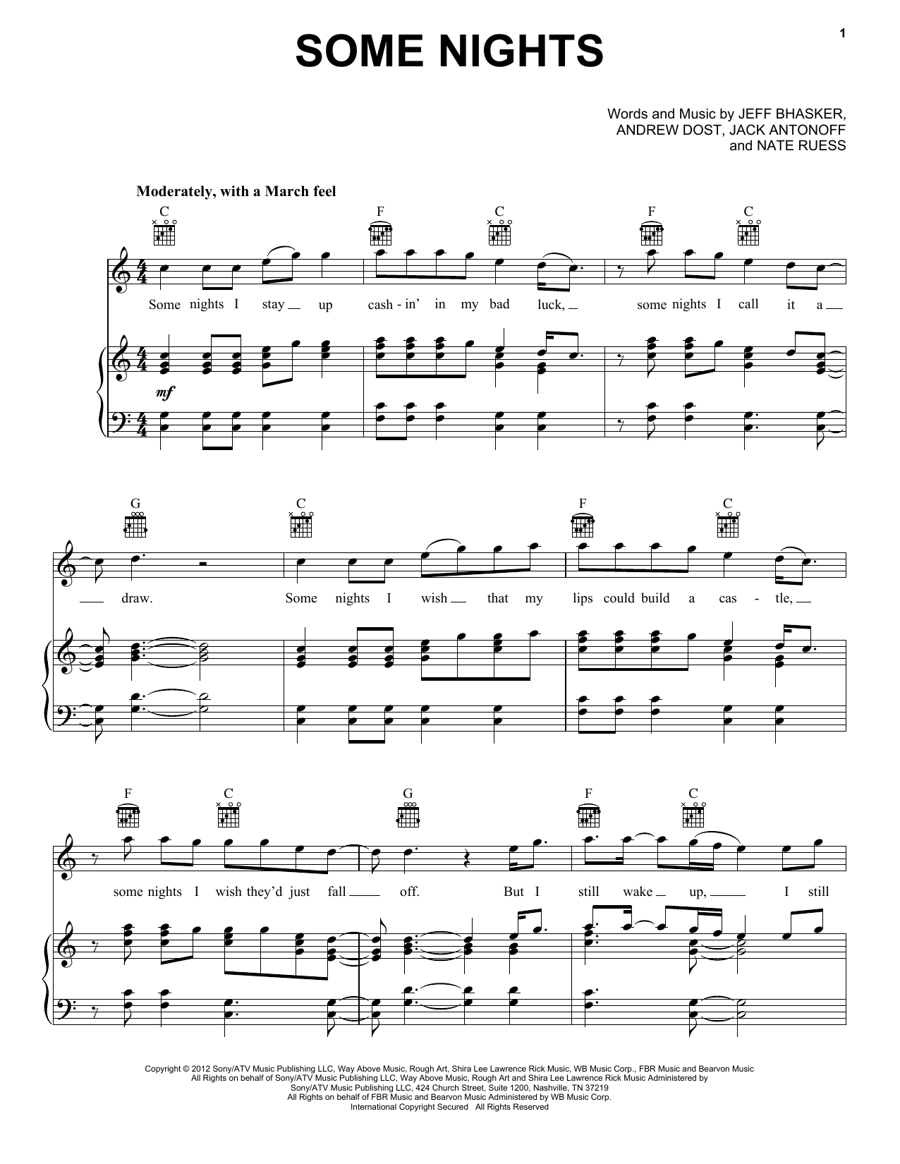 Preview fun. Some Nights Pop sheet music, notes and chords for Piano, Vocal & Guitar (Right-Hand Melody), SKU: 114739 sheet music, piano notes, chords, guitar tabs, score, transpose, transcribe, how to play, guide, download, learn, tutorial, progression, song, artist, awards, billboard, mtv, vh1, tour, single, album, release