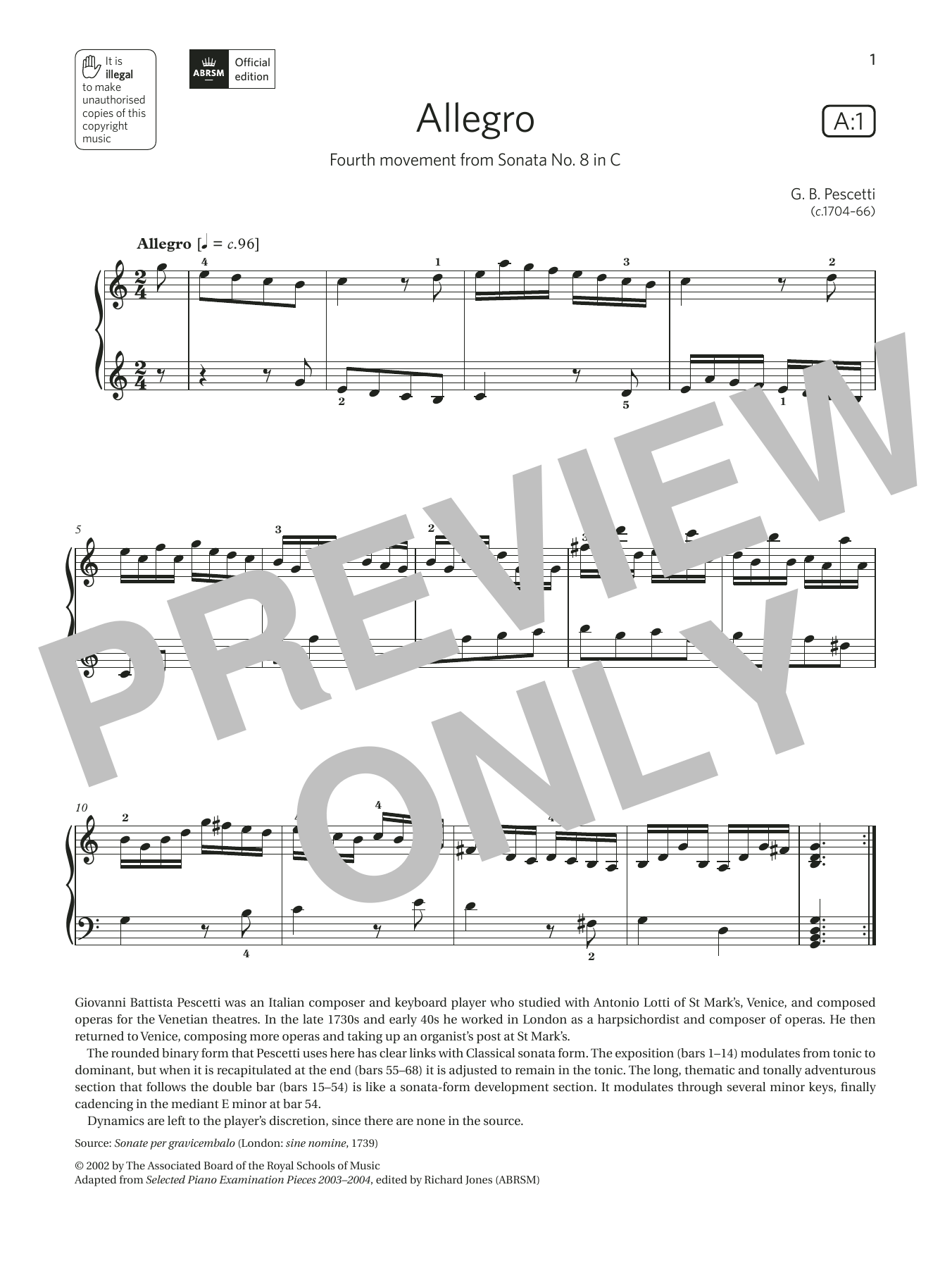 G. B. Pescetti Allegro (Grade 6, list A1, from the ABRSM Piano Syllabus 2021 & 2022) Sheet Music & Chords for Piano Solo - Download or Print PDF