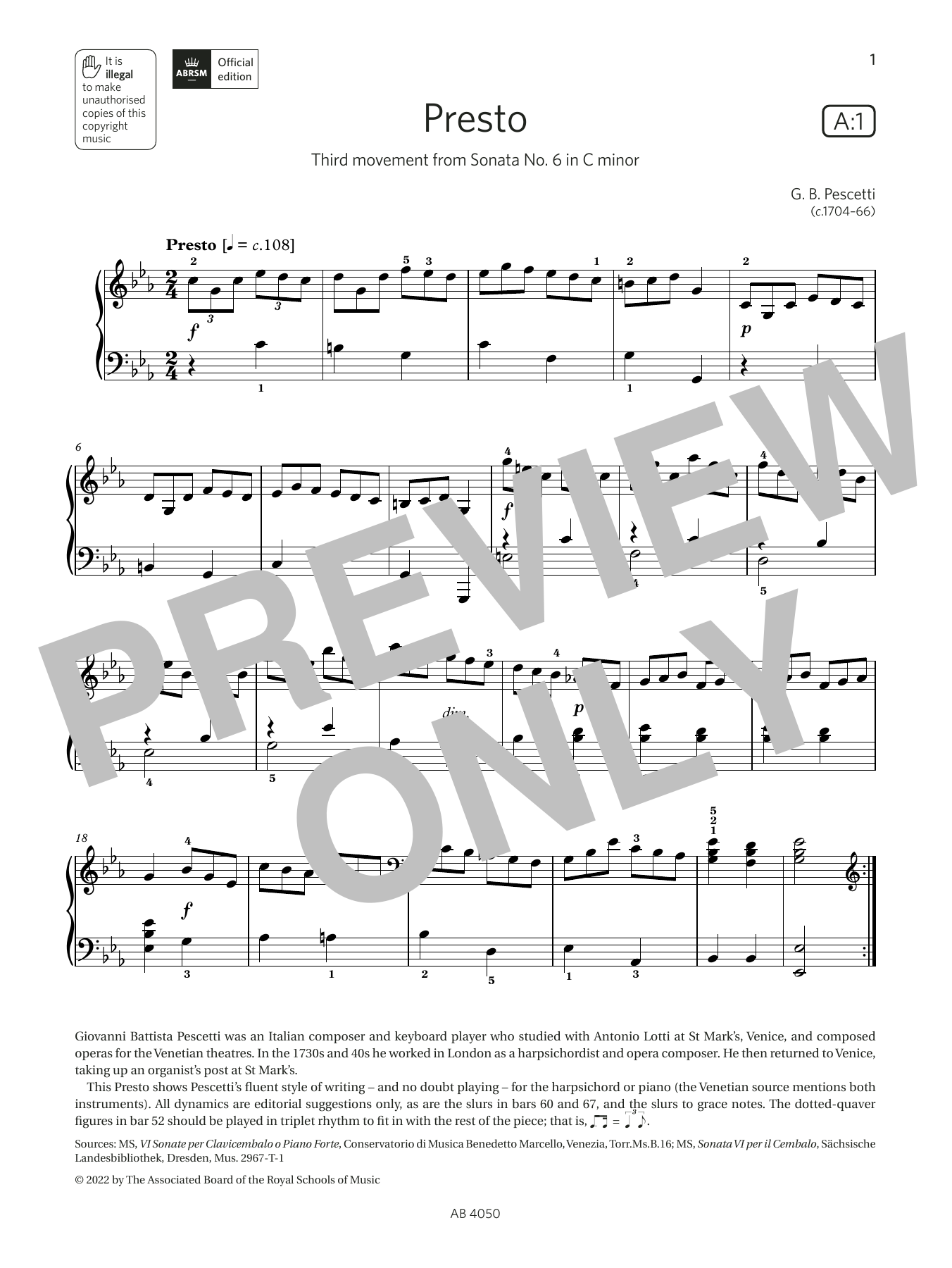 G B Pescetti Presto (Grade 4, list A1, from the ABRSM Piano Syllabus 2023 & 2024) Sheet Music & Chords for Piano Solo - Download or Print PDF