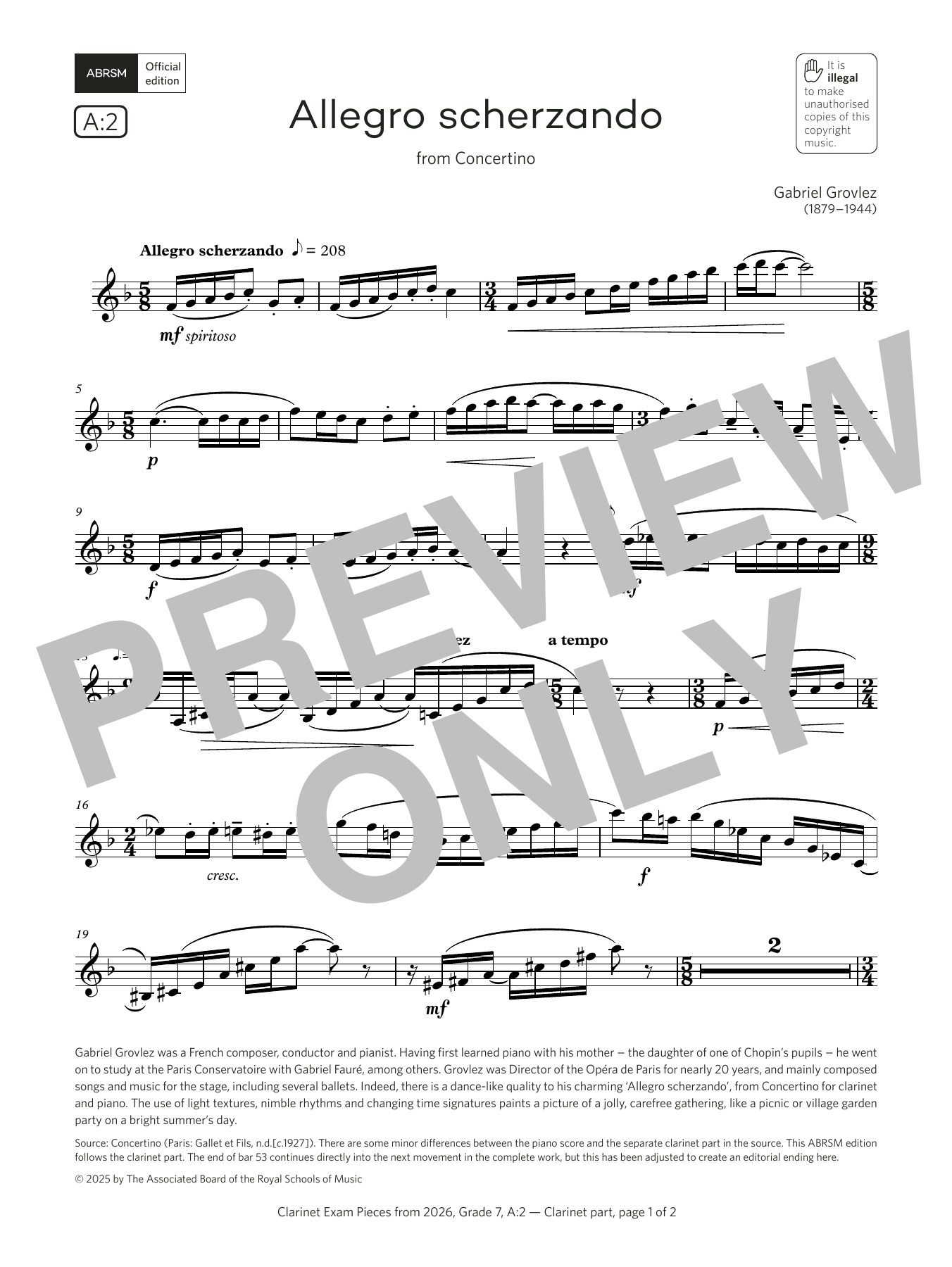 Gabriel Grovlez Allegro scherzando (Grade 7, list A2, from the ABRSM Clarinet Syllabus from 2026) Sheet Music & Chords for Clarinet Solo - Download or Print PDF