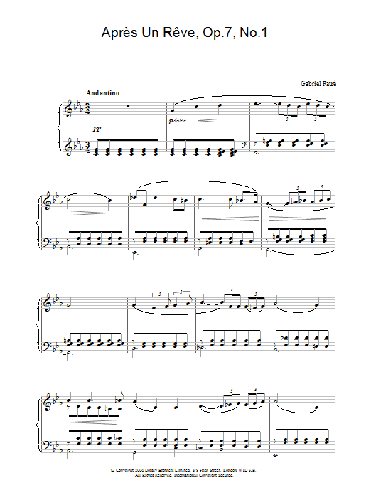 Preview Gabriel Fauré Après Un Rêve, Op.7, No.1 Classical sheet music, notes and chords for Piano, SKU: 31186 Download Gabriel Fauré Après Un Rêve, Op.7, No.1 sheet music and printable PDF score & Classical music notes