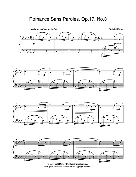 Preview Gabriel Fauré Romance Sans Paroles Op.17, No.3 Classical sheet music, notes and chords for Piano, SKU: 104371 sheet music, piano notes, chords, guitar tabs, score, transpose, transcribe, how to play, guide, download, learn, tutorial, progression, song, artist, awards, billboard, mtv, vh1, tour, single, album, release