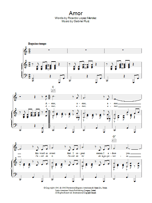 Preview Gabriel Ruiz Amor Latin sheet music, notes and chords for Piano, Vocal & Guitar (Right-Hand Melody), SKU: 47845 Download Gabriel Ruiz Amor sheet music and printable PDF score & Latin music notes