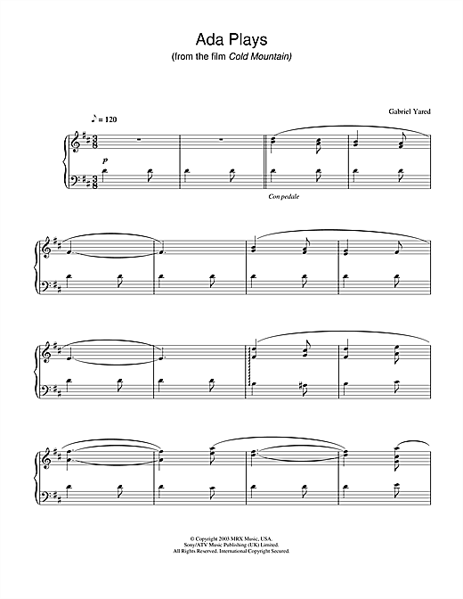 Preview Gabriel Yared Ada Plays (from Cold Mountain) Classical sheet music, notes and chords for Piano, SKU: 31165 sheet music, piano notes, chords, guitar tabs, score, transpose, transcribe, how to play, guide, download, learn, tutorial, progression, song, artist, awards, billboard, mtv, vh1, tour, single, album, release