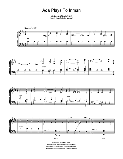 Preview Gabriel Yared Ada Plays To Inman (from Cold Mountain) Classical sheet music, notes and chords for Piano, SKU: 40027 sheet music, piano notes, chords, guitar tabs, score, transpose, transcribe, how to play, guide, download, learn, tutorial, progression, song, artist, awards, billboard, mtv, vh1, tour, single, album, release