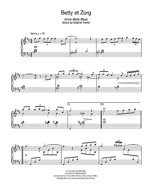 Preview Gabriel Yared Betty et Zorg (from Betty Blue) Classical sheet music, notes and chords for Piano, SKU: 40020 sheet music, piano notes, chords, guitar tabs, score, transpose, transcribe, how to play, guide, download, learn, tutorial, progression, song, artist, awards, billboard, mtv, vh1, tour, single, album, release