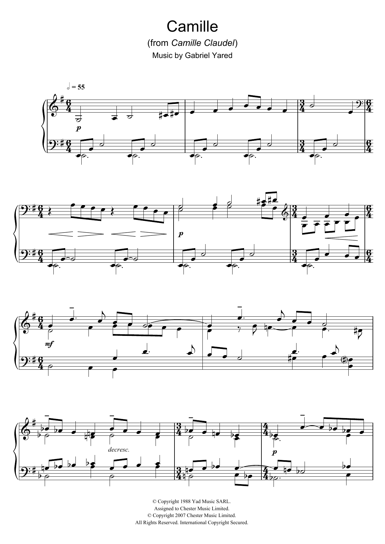 Download Gabriel Yared Camille (from Camille Claudel) sheet music and printable PDF score & Classical music notes