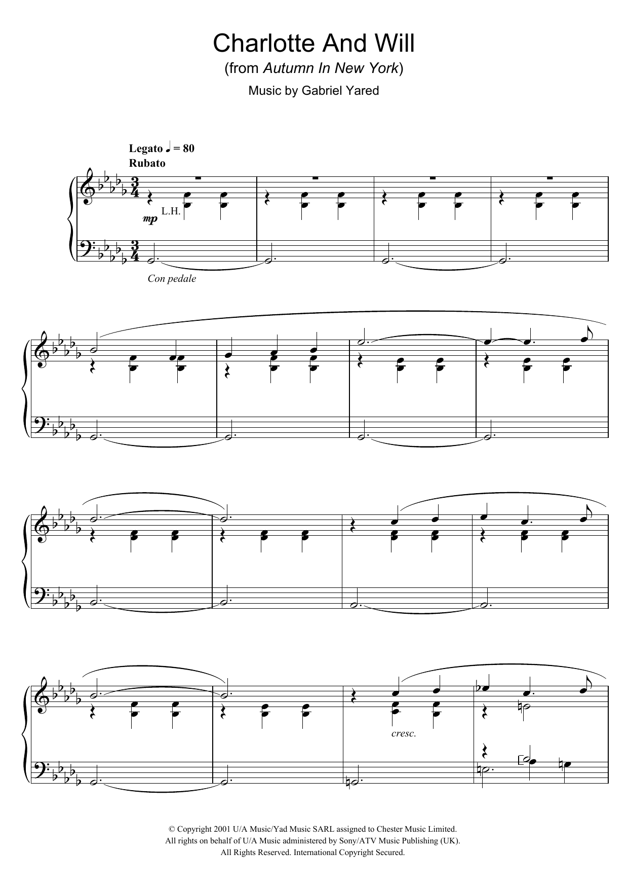 Download Gabriel Yared Charlotte And Will (from Autumn In New York) sheet music and printable PDF score & Classical music notes