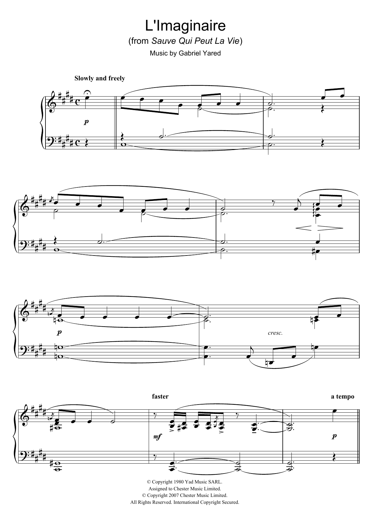 Download Gabriel Yared L'Imaginaire (from Sauve Qui Peut La Vie) sheet music and printable PDF score & Classical music notes