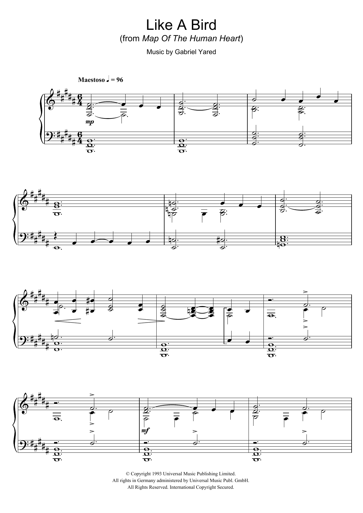 Download Gabriel Yared Like A Bird (from Map Of The Human Heart) sheet music and printable PDF score & Classical music notes