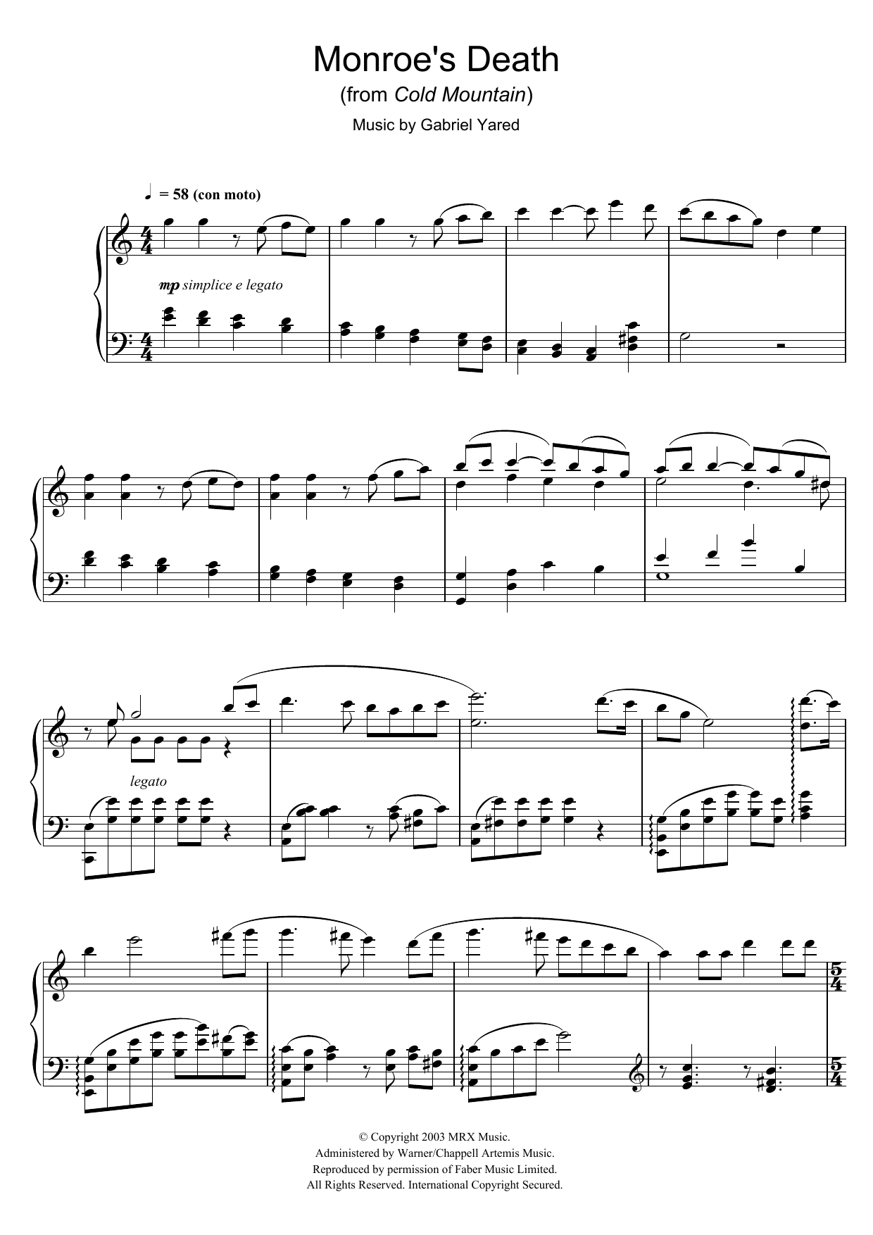 Download Gabriel Yared Monroe's Death (from Cold Mountain) sheet music and printable PDF score & Classical music notes