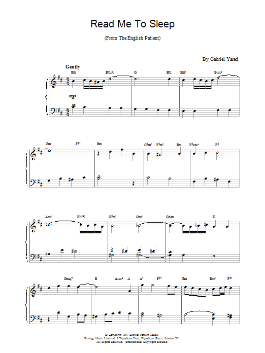 Preview Gabriel Yared Read Me to Sleep (from The English Patient) Film and TV sheet music, notes and chords for Piano, SKU: 17120 sheet music, piano notes, chords, guitar tabs, score, transpose, transcribe, how to play, guide, download, learn, tutorial, progression, song, artist, awards, billboard, mtv, vh1, tour, single, album, release