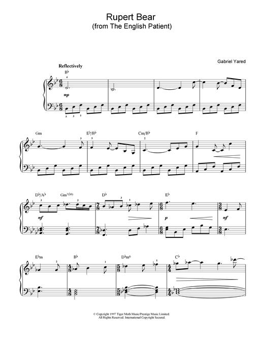 Preview Gabriel Yared Rupert Bear (from The English Patient) Film and TV sheet music, notes and chords for Piano, SKU: 17405 sheet music, piano notes, chords, guitar tabs, score, transpose, transcribe, how to play, guide, download, learn, tutorial, progression, song, artist, awards, billboard, mtv, vh1, tour, single, album, release
