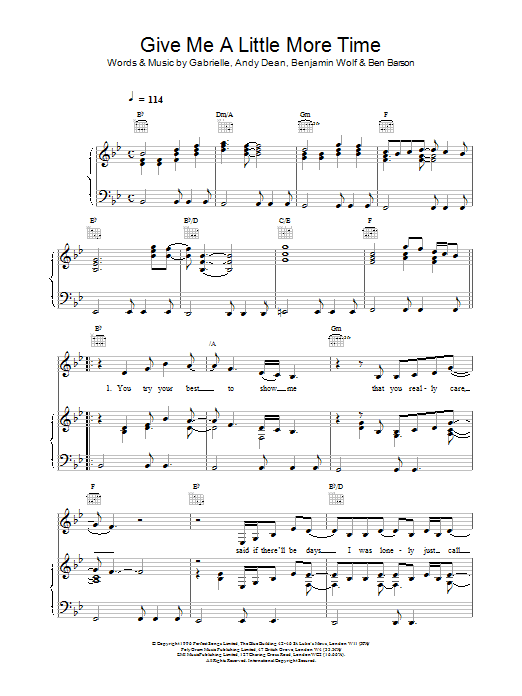 Preview Gabrielle Give Me A Little More Time R & B sheet music, notes and chords for Piano, Vocal & Guitar (Right-Hand Melody), SKU: 13659 Download Gabrielle Give Me A Little More Time sheet music and printable PDF score & R & B music notes