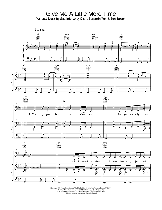 Preview Gabrielle Give Me A Little More Time R & B sheet music, notes and chords for Piano, Vocal & Guitar (Right-Hand Melody), SKU: 13659 sheet music, piano notes, chords, guitar tabs, score, transpose, transcribe, how to play, guide, download, learn, tutorial, progression, song, artist, awards, billboard, mtv, vh1, tour, single, album, release