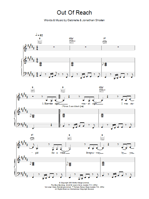Download Gabrielle Out Of Reach sheet music and printable PDF score & Pop music notes