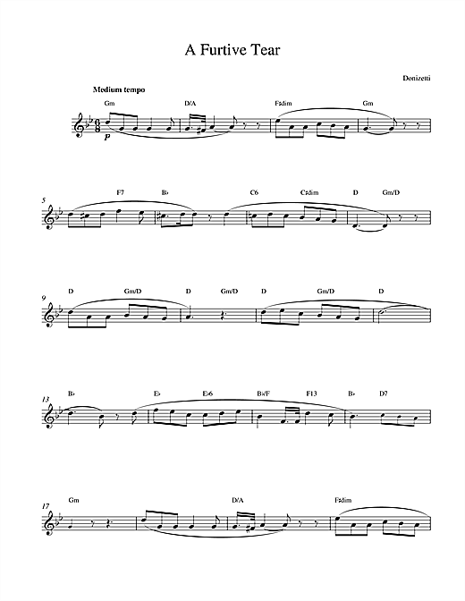 Preview Gaetano Donizetti A Furtive Tear Classical sheet music, notes and chords for Melody Line & Chords, SKU: 13919 sheet music, piano notes, chords, guitar tabs, score, transpose, transcribe, how to play, guide, download, learn, tutorial, progression, song, artist, awards, billboard, mtv, vh1, tour, single, album, release