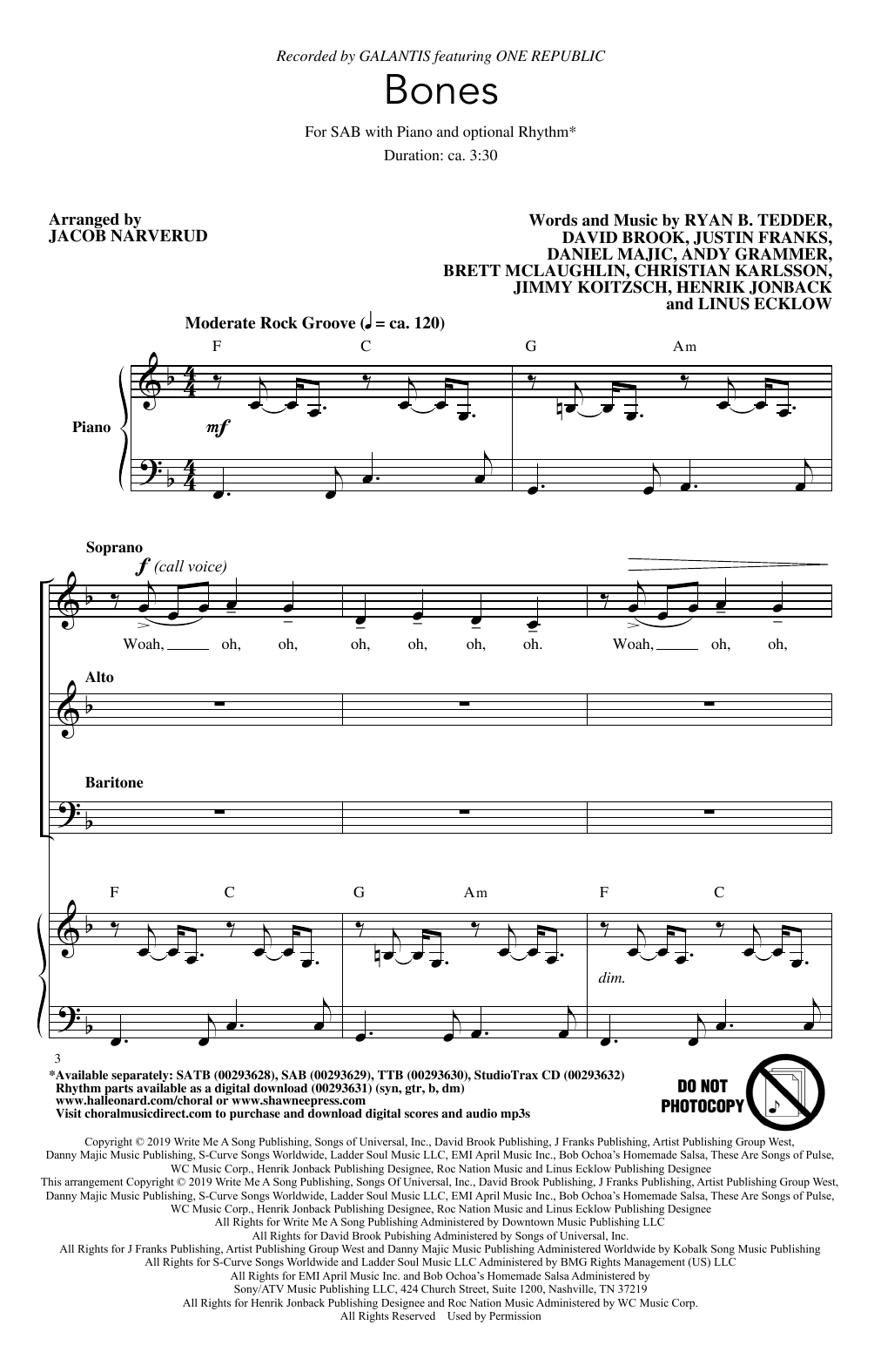 Preview Galantis Bones (feat. OneRepublic) (arr. Jacob Narverud) Pop sheet music, notes and chords for SAB Choir, SKU: 426320 sheet music, piano notes, chords, guitar tabs, score, transpose, transcribe, how to play, guide, download, learn, tutorial, progression, song, artist, awards, billboard, mtv, vh1, tour, single, album, release