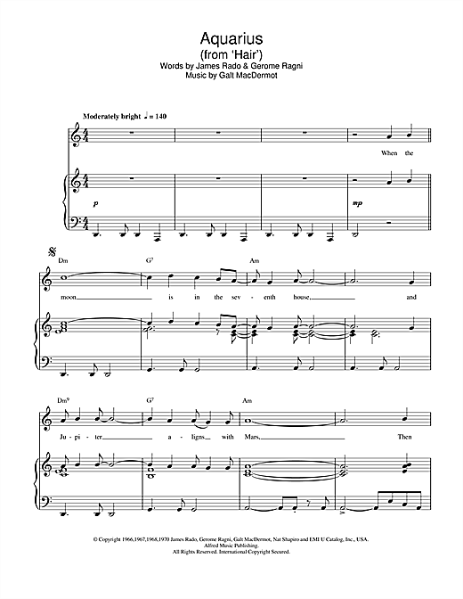 Preview Galt MacDermot Aquarius (from 'Hair') Musicals sheet music, notes and chords for Easy Piano, SKU: 120860 sheet music, piano notes, chords, guitar tabs, score, transpose, transcribe, how to play, guide, download, learn, tutorial, progression, song, artist, awards, billboard, mtv, vh1, tour, single, album, release