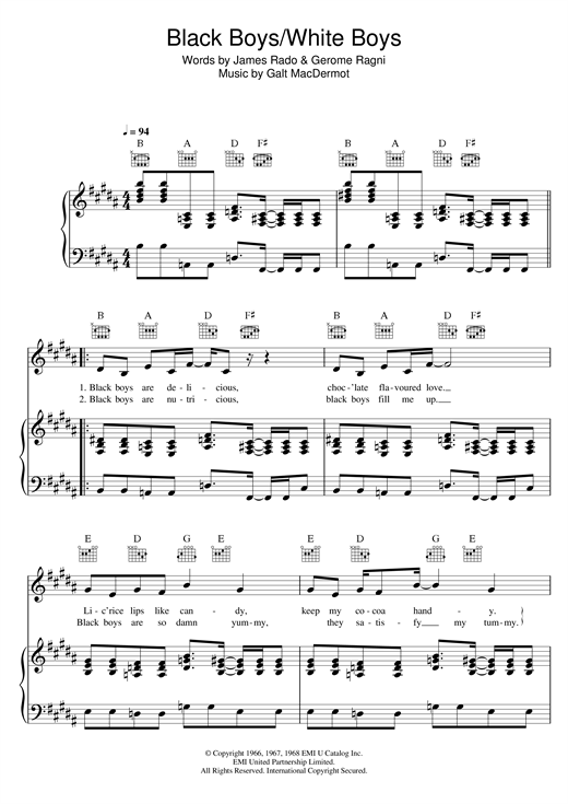 Preview Galt MacDermot Black Boys (from 'Hair') Musicals sheet music, notes and chords for Easy Piano, SKU: 120844 sheet music, piano notes, chords, guitar tabs, score, transpose, transcribe, how to play, guide, download, learn, tutorial, progression, song, artist, awards, billboard, mtv, vh1, tour, single, album, release