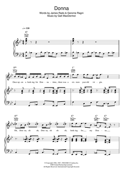 Preview Galt MacDermot Donna (from 'Hair') Musicals sheet music, notes and chords for Piano, Vocal & Guitar, SKU: 120795 sheet music, piano notes, chords, guitar tabs, score, transpose, transcribe, how to play, guide, download, learn, tutorial, progression, song, artist, awards, billboard, mtv, vh1, tour, single, album, release